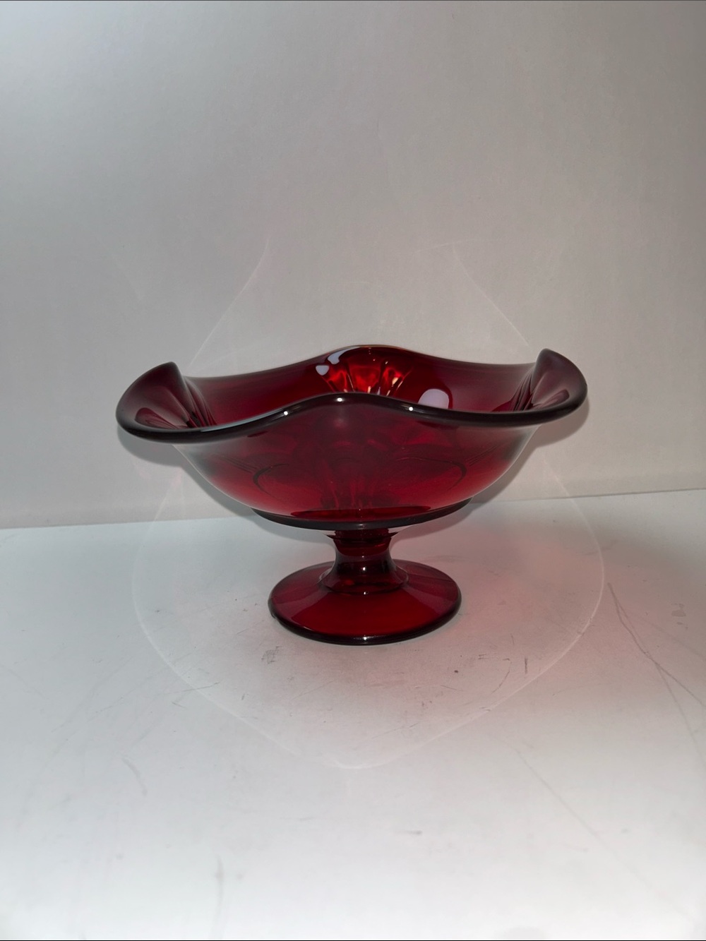 Viking Glass Ruby Red Ambrina Shine 4 Point Pedestal Ruffle Dish - Picture 6 of 15